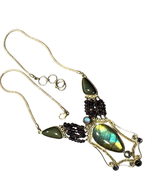Bohemian Sajen 925 Sterling Labradorite amethyst onyx Statement necklace