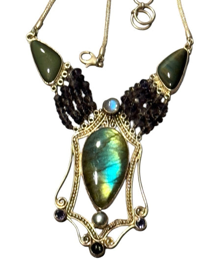 Bohemian Sajen 925 Sterling Labradorite amethyst onyx Statement necklace