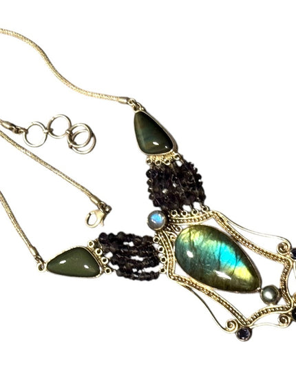 Bohemian Sajen 925 Sterling Labradorite amethyst onyx Statement necklace
