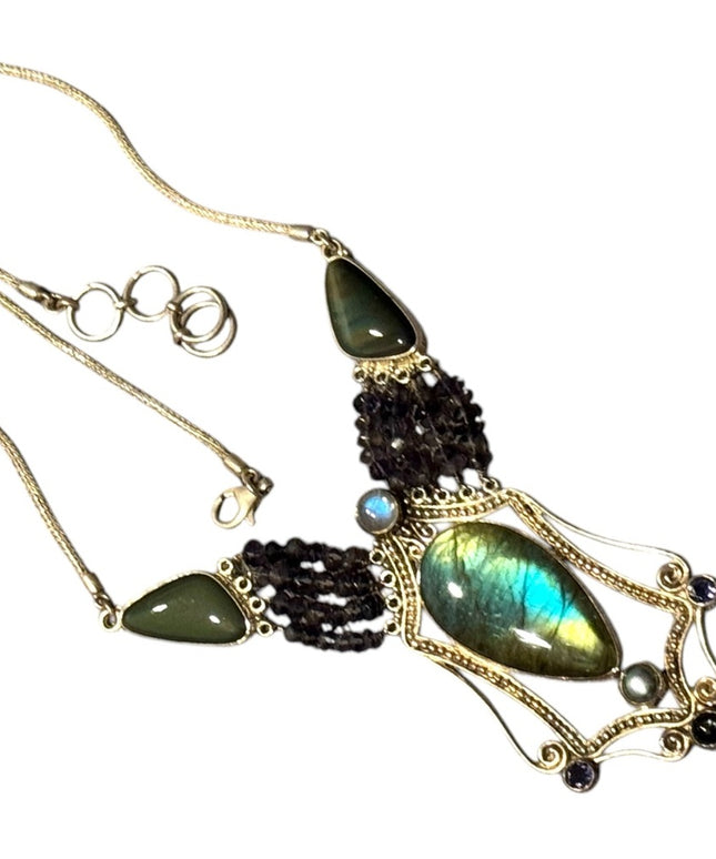 Bohemian Sajen 925 Sterling Labradorite amethyst onyx Statement necklace