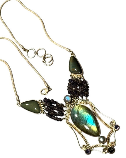 Bohemian Sajen 925 Sterling Labradorite amethyst onyx Statement necklace