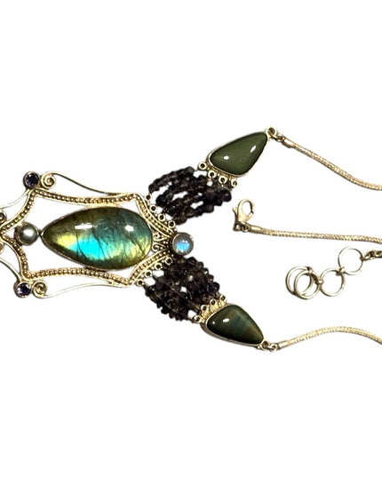 Bohemian Sajen 925 Sterling Labradorite amethyst onyx Statement necklace