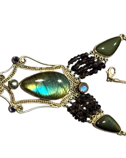 Bohemian Sajen 925 Sterling Labradorite amethyst onyx Statement necklace