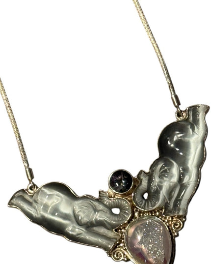 Vintage Sajen Druzy mystic Topaz Pendant Necklace Silver 925 Elephant Chain