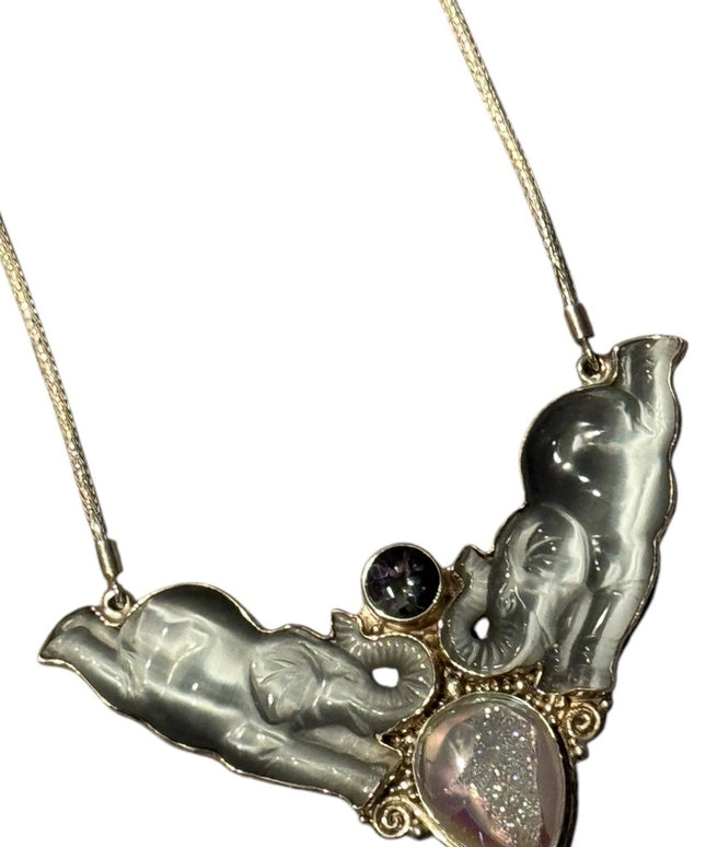 Vintage Sajen Druzy mystic Topaz Pendant Necklace Silver 925 Elephant Chain
