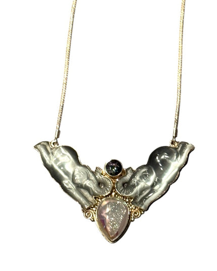 Vintage Sajen Druzy mystic Topaz Pendant Necklace Silver 925 Elephant Chain