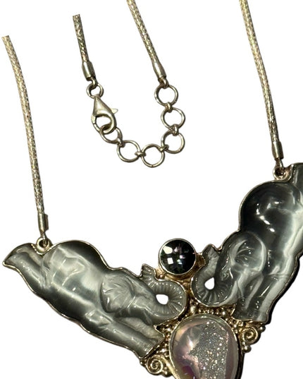 Vintage Sajen Druzy mystic Topaz Pendant Necklace Silver 925 Elephant Chain