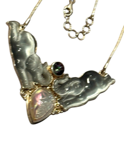 Vintage Sajen Druzy mystic Topaz Pendant Necklace Silver 925 Elephant Chain
