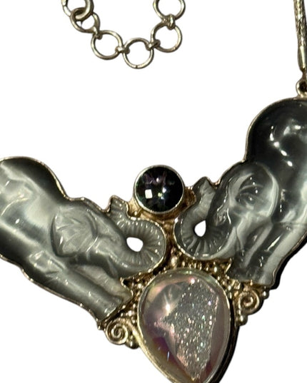Vintage Sajen Druzy mystic Topaz Pendant Necklace Silver 925 Elephant Chain