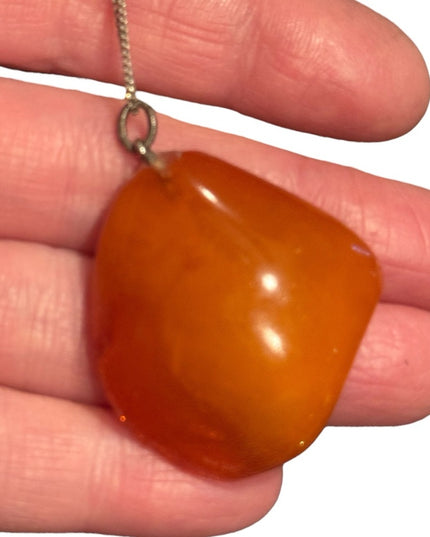 Vintage Russian Baltic Amber Chunk Pendant Sterling 925  Chain