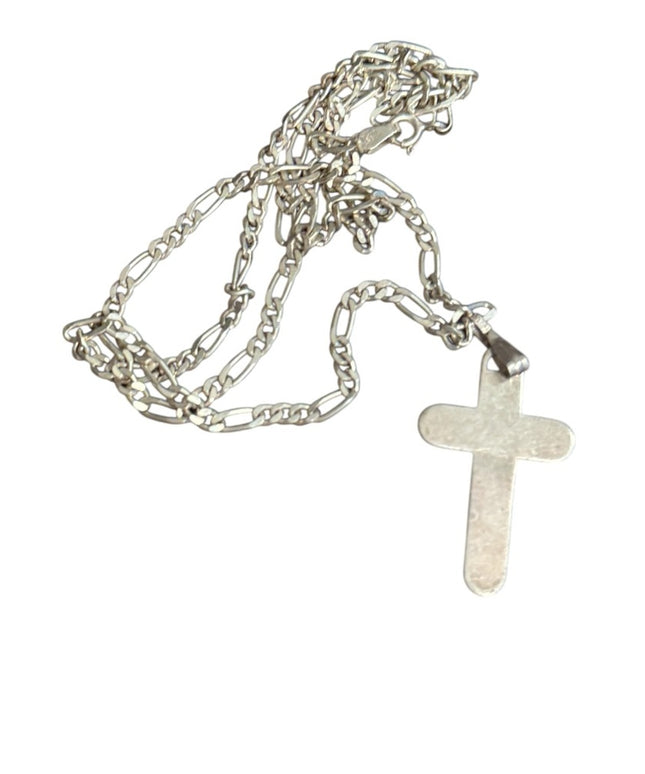 Vintage Sterling silver 925 Figaro Chain &  Cross Pendant Necklace Italy