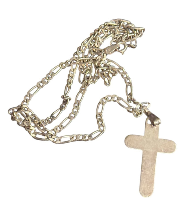 Vintage Sterling silver 925 Figaro Chain &  Cross Pendant Necklace Italy