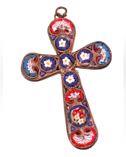VTG Italian Glass mosaic cross pendant Brass