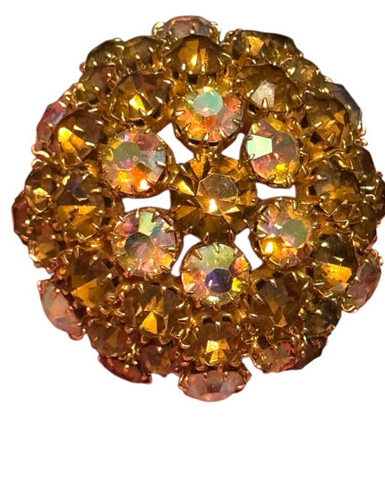 Vintage Domed Gold-Tone Brooch  Iridescent Ab brown hues champagne crystals