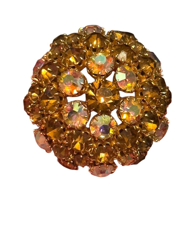 Vintage Domed Gold-Tone Brooch  Iridescent Ab brown hues champagne crystals