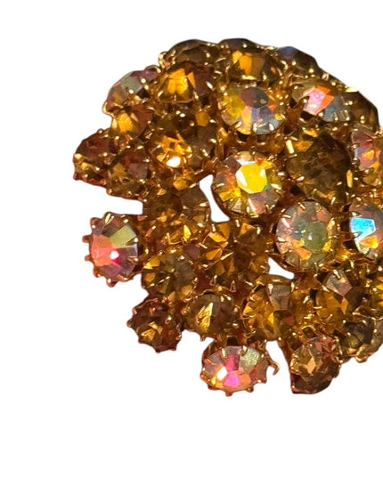 Vintage Domed Gold-Tone Brooch  Iridescent Ab brown hues champagne crystals