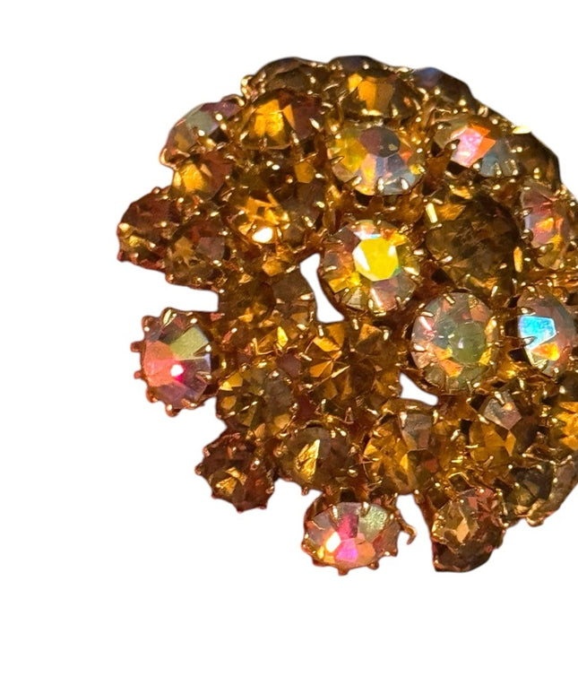 Vintage Domed Gold-Tone Brooch  Iridescent Ab brown hues champagne crystals