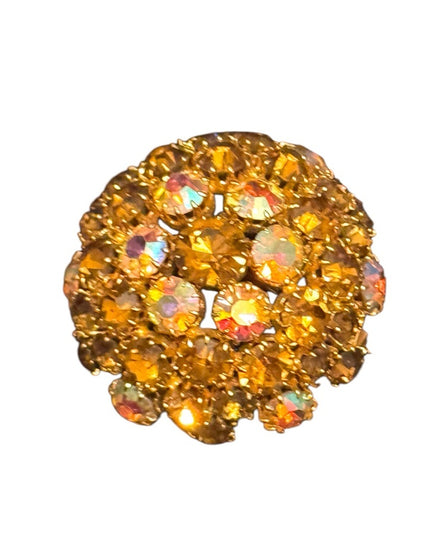 Vintage Domed Gold-Tone Brooch  Iridescent Ab brown hues champagne crystals