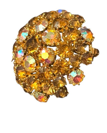 Vintage Domed Gold-Tone Brooch  Iridescent Ab brown hues champagne crystals