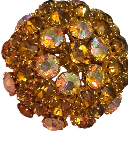 Vintage Domed Gold-Tone Brooch  Iridescent Ab brown hues champagne crystals