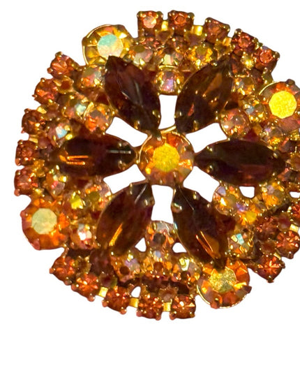 Vintage Domed Gold plt brown hues crystal Brooch 1950s