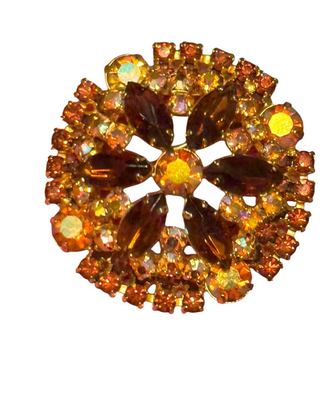 Vintage Domed Gold plt brown hues crystal Brooch 1950s