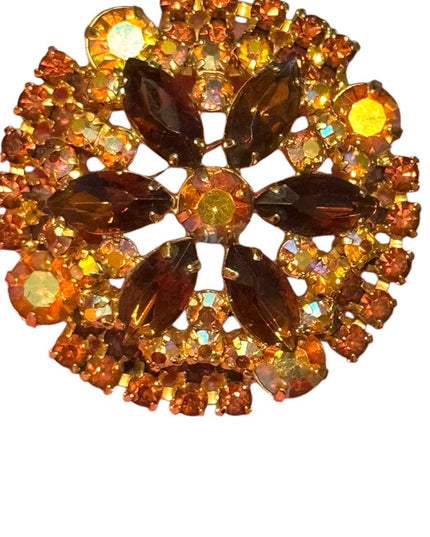 Vintage Domed Gold plt brown hues crystal Brooch 1950s