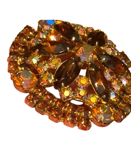 Vintage Domed Gold plt brown hues crystal Brooch 1950s