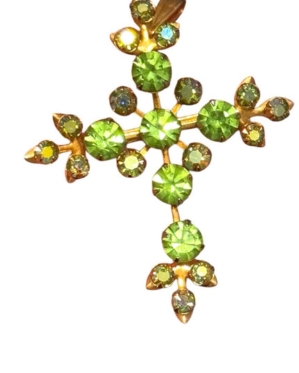 Vintage 1950s Gold fancy Cross Pendant brooch with  Green crystal rhinestones