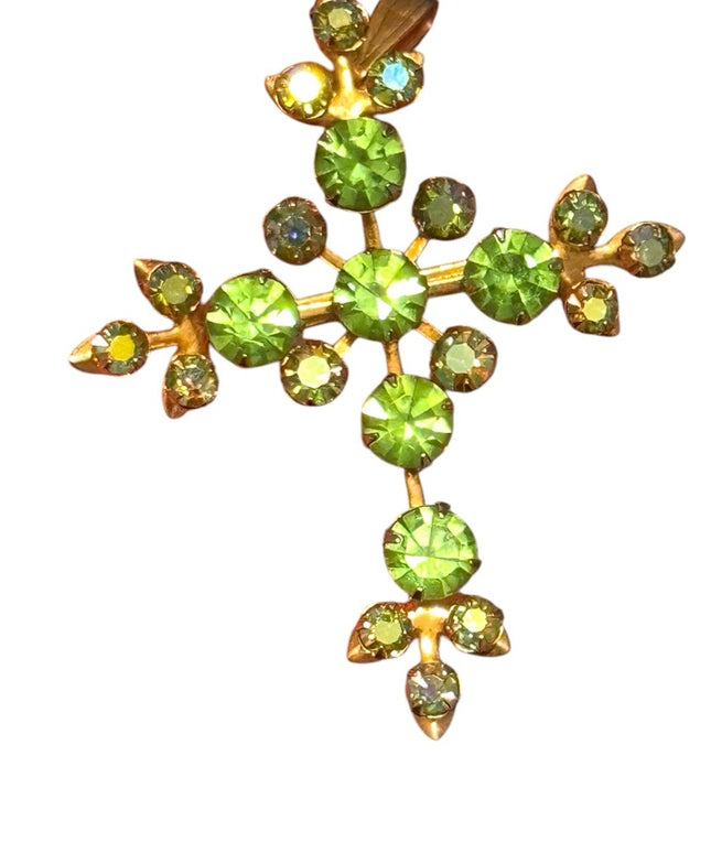 Vintage 1950s Gold fancy Cross Pendant brooch with  Green crystal rhinestones