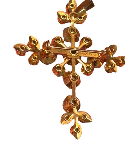 Vintage 1950s Gold fancy Cross Pendant brooch with  Green crystal rhinestones