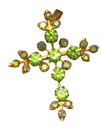 Vintage 1950s Gold fancy Cross Pendant brooch with  Green crystal rhinestones