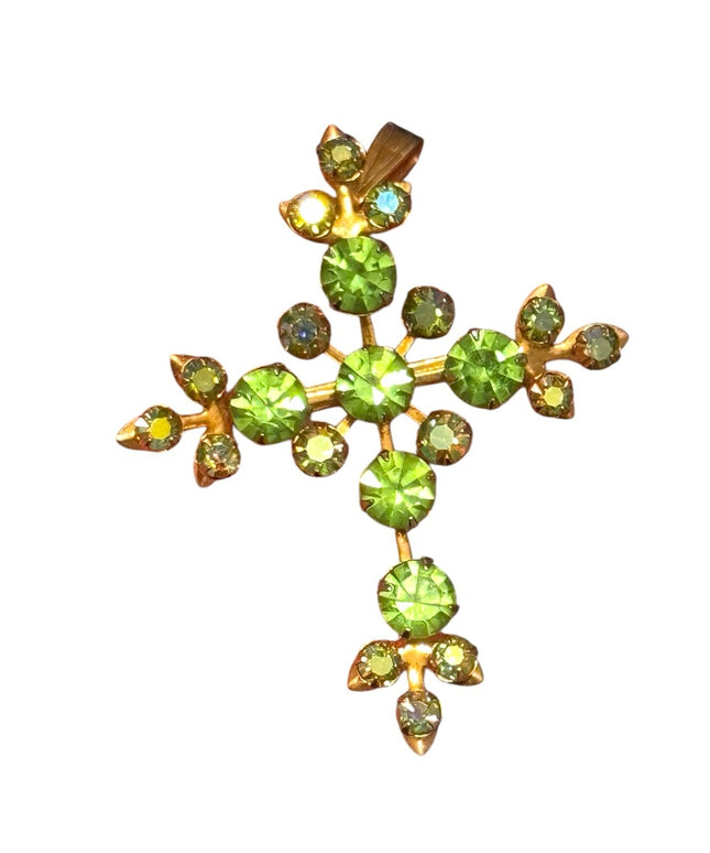 Vintage 1950s Gold fancy Cross Pendant brooch with  Green crystal rhinestones