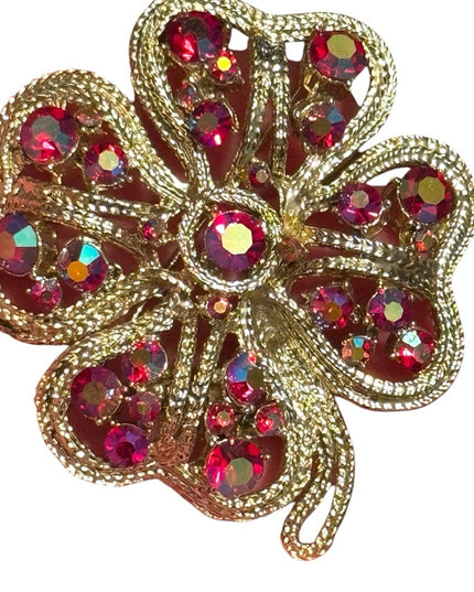 Vintage Silver Red crystql Rhinestones floral flower large 1960s Brooch