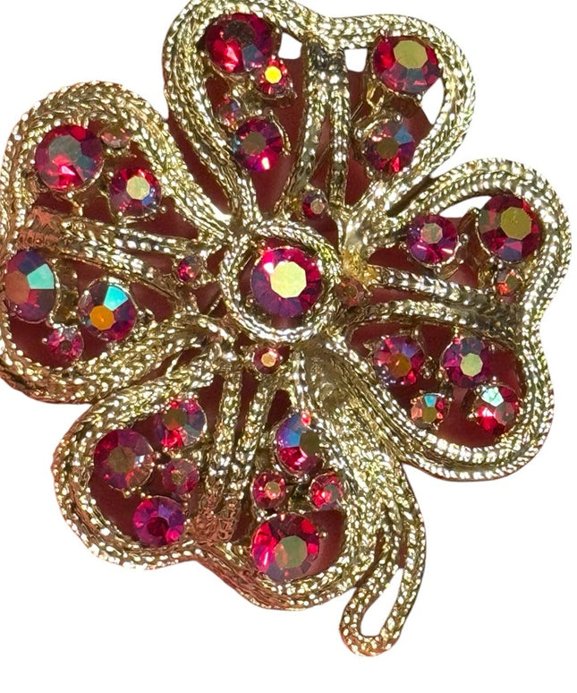 Vintage Silver Red crystql Rhinestones floral flower large 1960s Brooch