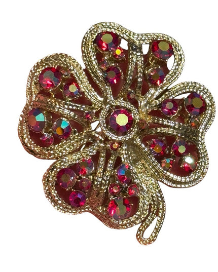 Vintage Silver Red crystql Rhinestones floral flower large 1960s Brooch