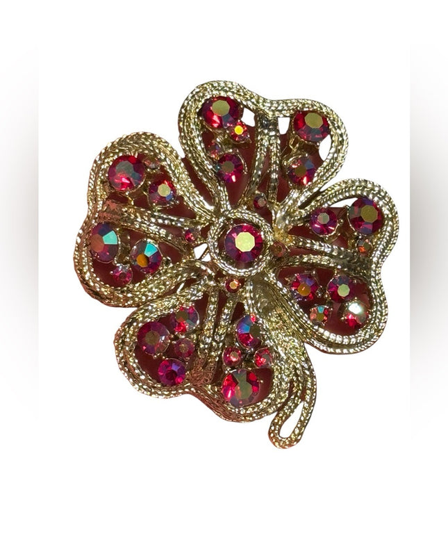 Vintage Silver Red crystql Rhinestones floral flower large 1960s Brooch