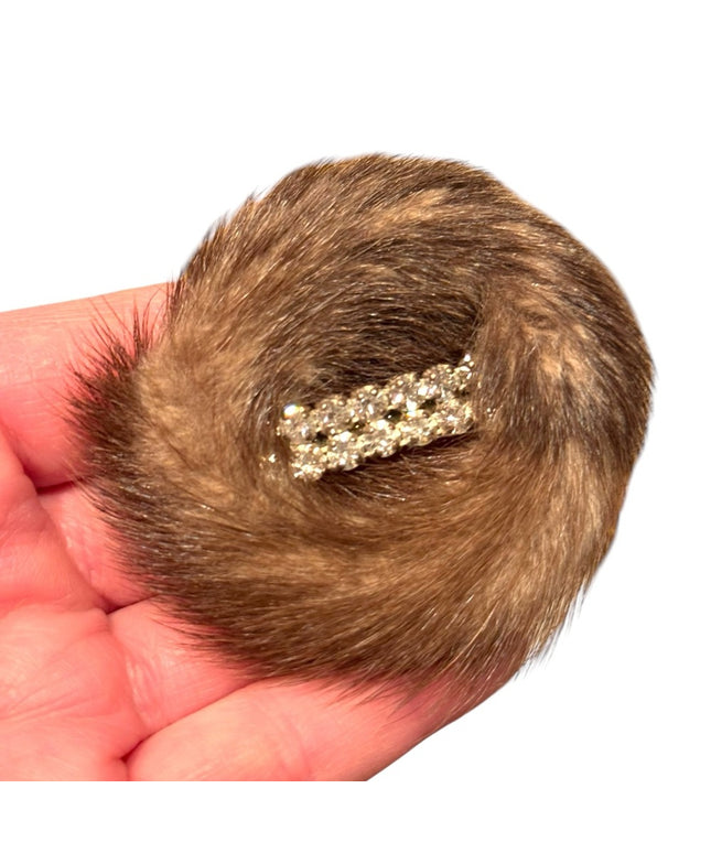 Vintage 1950s MINK Fur handmade round Brooch Crystal Accent