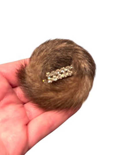 Vintage 1950s MINK Fur handmade round Brooch Crystal Accent