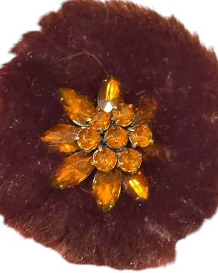 Vintage 3” round Fur Brooch with Amber crystal accents handmade 1950s
