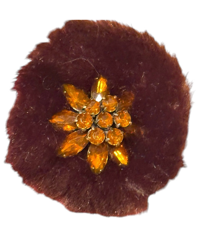 Vintage 3” round Fur Brooch with Amber crystal accents handmade 1950s