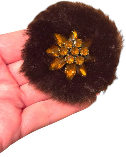 Vintage 3” round Fur Brooch with Amber crystal accents handmade 1950s