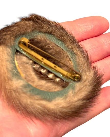 Vintage 1950s MINK Fur handmade round Brooch Crystal Accent