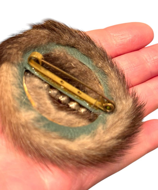 Vintage 1950s MINK Fur handmade round Brooch Crystal Accent