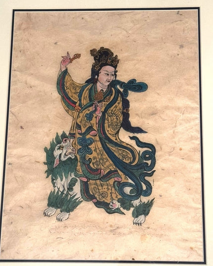 Framed Asian Wood block hand colored rice paper signed T. Muni Art 1950s