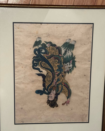 Framed Asian Wood block hand colored rice paper signed T. Muni Art 1950s