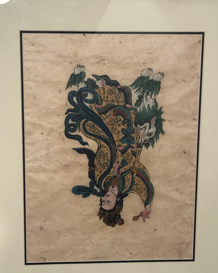 Framed Asian Wood block hand colored rice paper signed T. Muni Art 1950s