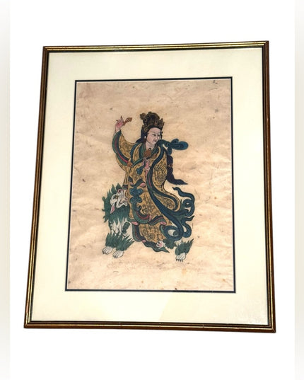 Framed Asian Wood block hand colored rice paper signed T. Muni Art 1950s