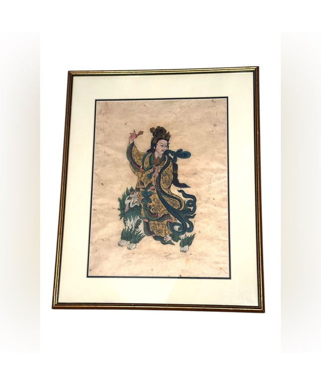 Framed Asian Wood block hand colored rice paper signed T. Muni Art 1950s