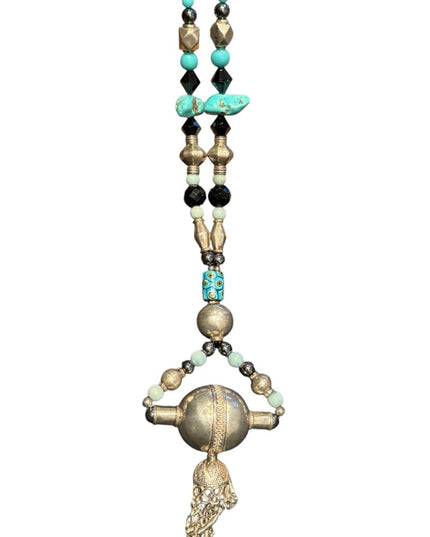 Vintage China Export Bohemian Beaded Necklace Turquoise Silver Sterling Accents
